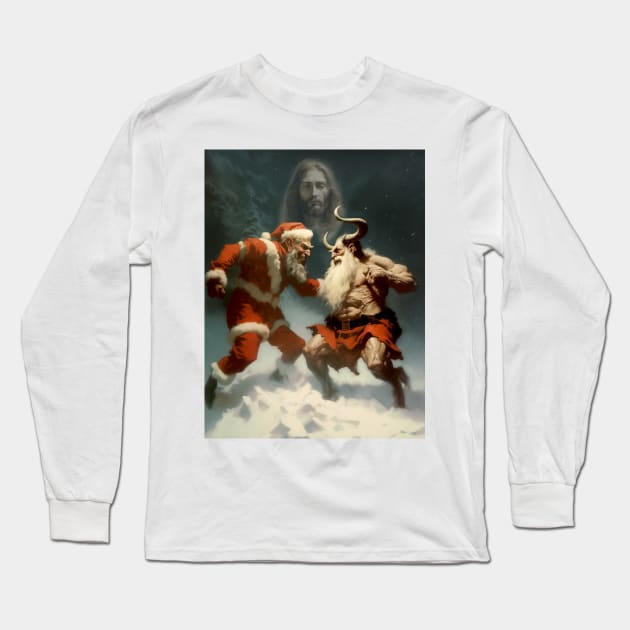True Christmas: Jesus Christ Observes the Epic Battle Between Santa Claus and Krampus Long Sleeve T-Shirt by Puff Sumo